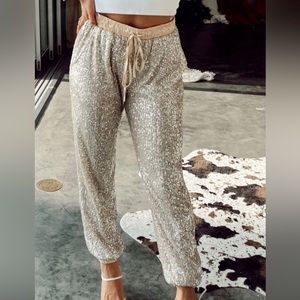 NWT 12th Tribe Dusk til Dawn Sequin Joggers- Size Small Champagne color